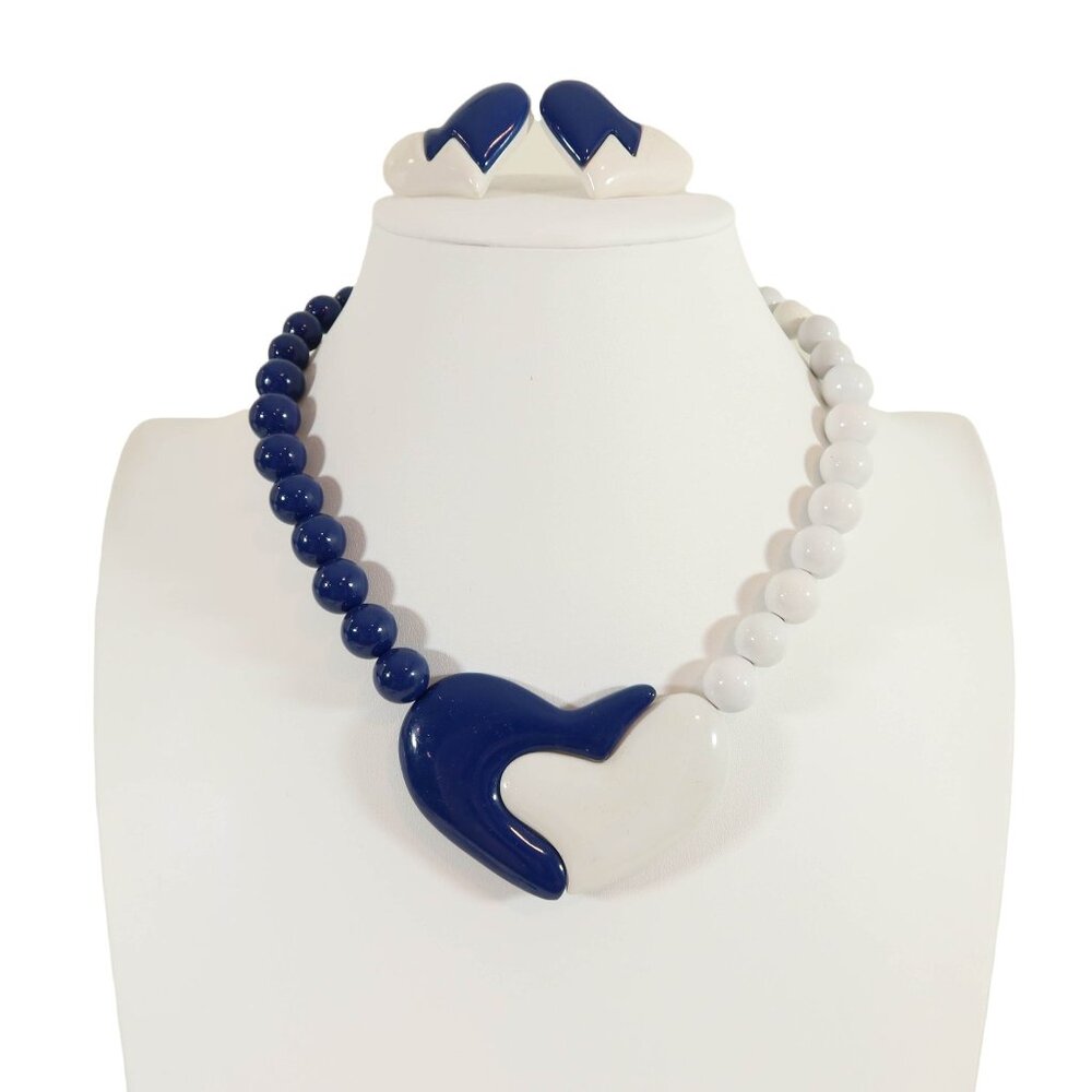 Vintage 80s Korea Blue White Two Tone Heart Necklace & Earring Set Unsigned